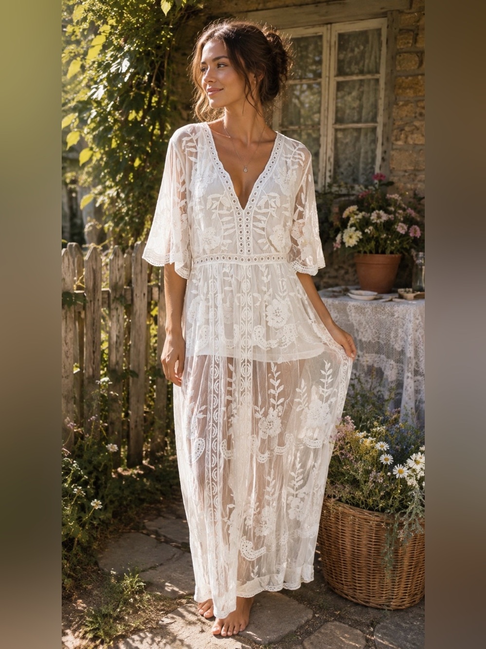 POL off white sheer embroidered dress with short liner